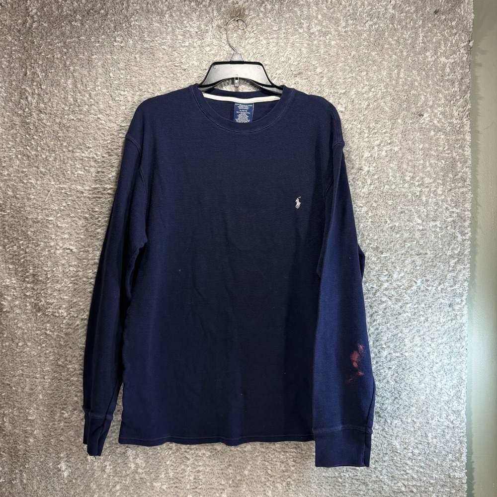 POLO RALPH LAUREN Navy Crewneck Waffle-Knit Long Sleeve Sleep Shirt XL READ